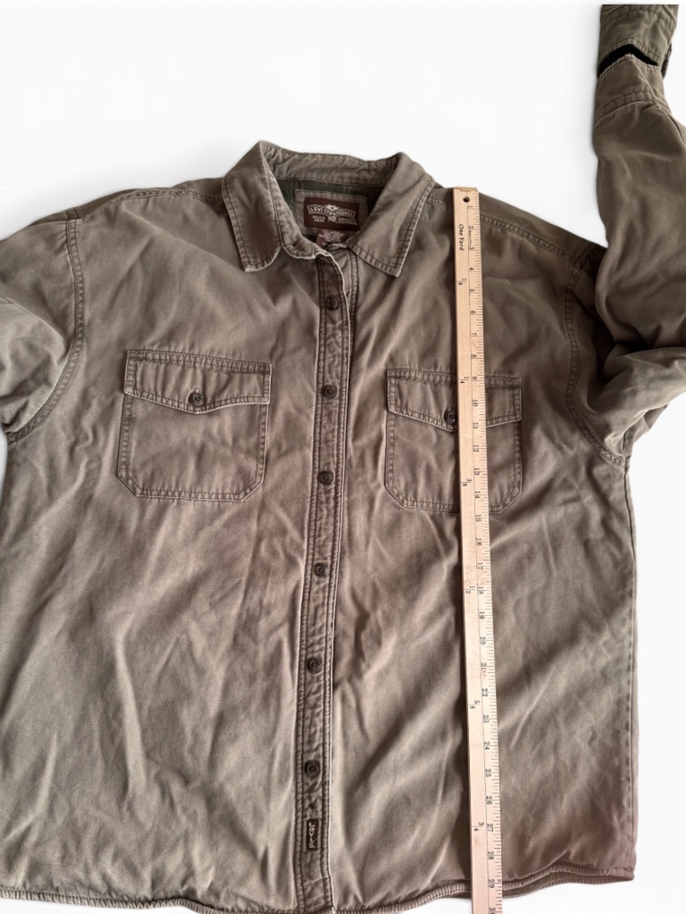 LEVI’S Men Fleece Lined Shirt Jacket XL Cotton Khaki Button Front - Picture 4 of 9